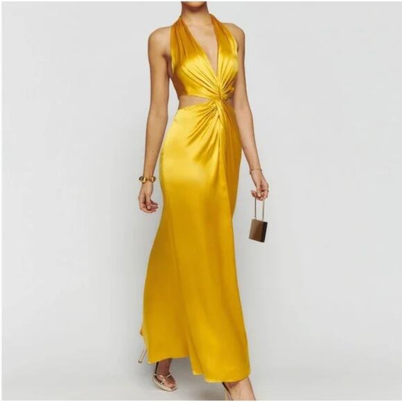 Reformation 100% Silk Mustard Yellow Halter Neck Cut Out Nerida Maxi Dress Gown - Picture 2 of 11